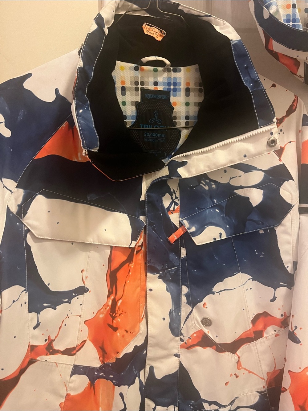Trilogy -Water Resistant Men’s Paint-Splash Jacket - White, Navy & Orange LARGE